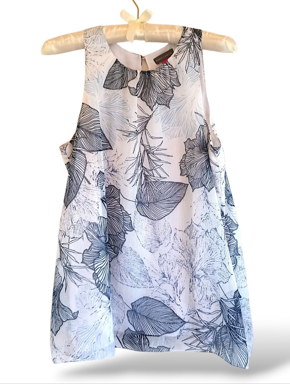 Vince Camuto White Navy Blue Botanical Sketch Print Flowy Sleeveless Blouse SM